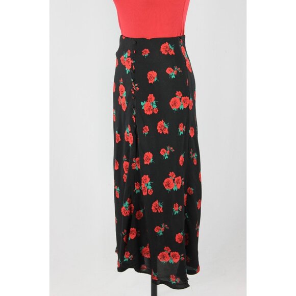 ZARA Black Rose Print Button Front A-Line Midi Slip Skirt, Size XS - Picture 5 of 13
